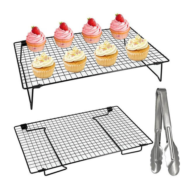 2-Pack 16.9x11inch Cooling Rack with Collapsible Legs & Stainless Steel Food Tongs - Folding Cooking Baking Grilling Rack for Oven, Drying, Roasting (Black)