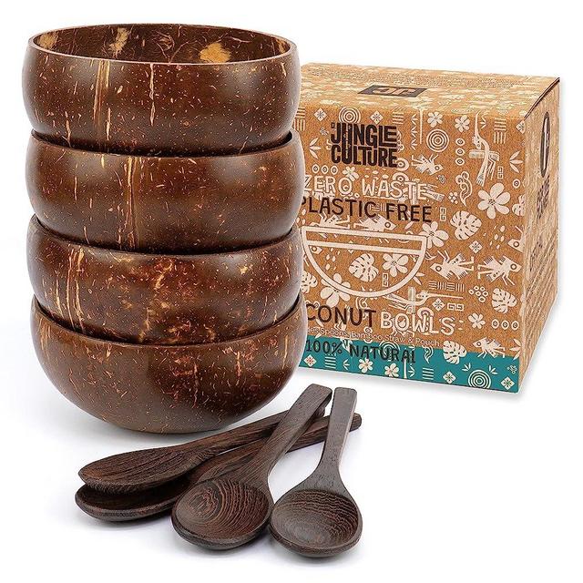 Jungle Culture 4 Polished Coconut Bowl and Wooden Spoons Set • Natural Coconut Bowls & Bamboo Straws • Smoothie Bowls • Coconut Shell Acai Bowls Healthy Choice Buddha Bowls • Eco Friendly Vegan Gifts