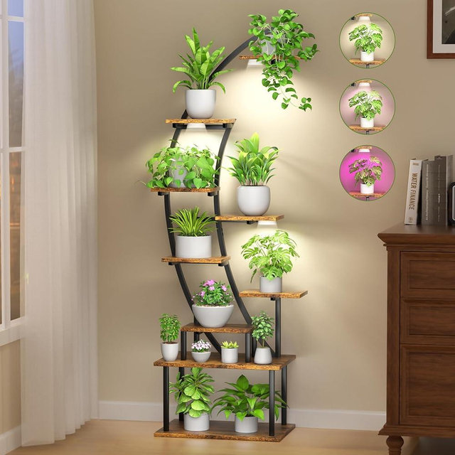 Plant Stand Indoor with Grow Lights, 9 Tier 63" Metal Plant Shelf for Multiple Plants, Tall Plants Shelves Corner Flower Holder, Half Curved Shape Plant Display Rack for Living Room, Balcony, Patio