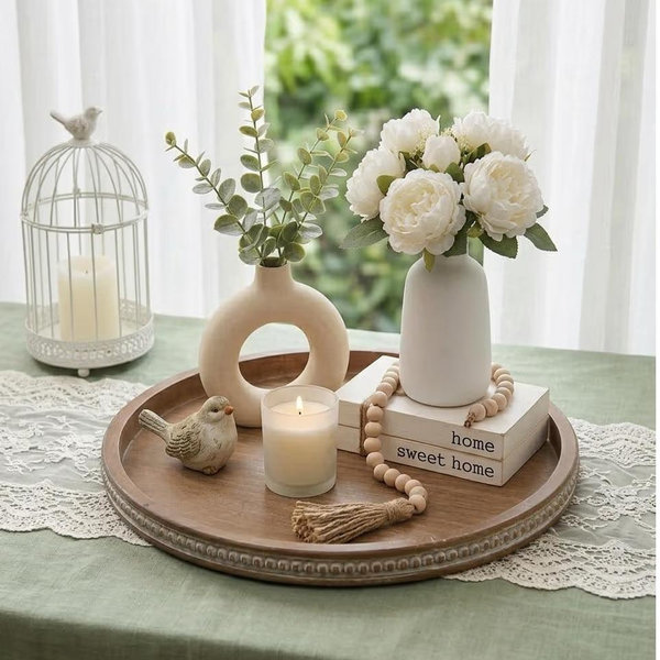 Hanobe Large Round Decorative Tray: Farmhouse Neutral Coffee Table Decor Wood Beaded Trays Vintage Ottoman for Home Counter Living Room