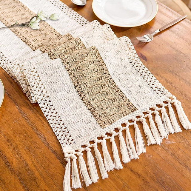 Vanzard Boho Table Runner for Spring Home Decor with Tassels 72 Inches, Farmhouse Rustic Cream & Brown Table Runners for Bohemian Kitchen Summer Dining Table(12x72in, Fringe Included)