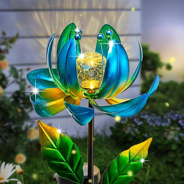 Solar Yard Lights Wind Spinners- Metal Lotus Flower Garden Decor LED Crackle Glass Globe Yard Art Sculpture Solar Stake Lights for Patio Pathway Lawn Walkway