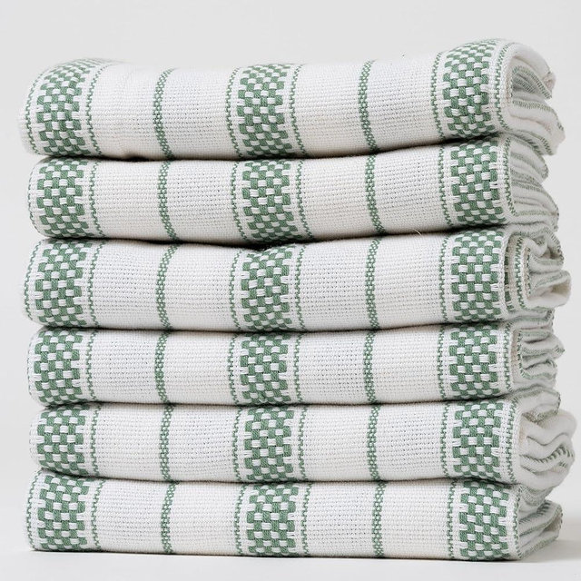 Casa De Lan Kitchen Towels Set – Pack of 6 (20’’ x 30’’) Extra Large Premium Cotton Dish Towels for Kitchen – Chain Stripe Towels – Highly Absorbent – 100% Cotton – with Hanging Loop – Green