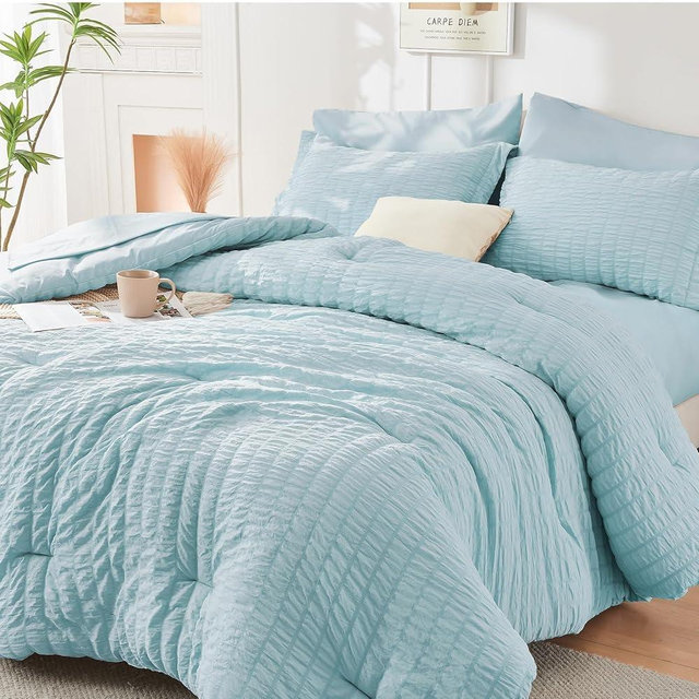 HYMOKEGE Lake Blue Full Size Comforter Sets Seersucker 7 Pieces, All Season Luxury Bed in a Bag for Bedroom, Bedding Set with Comforters, Sheets, Pillowcases & Shams