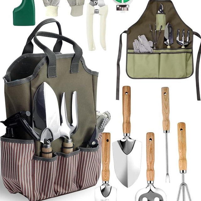 AINEED Gardening Tools Set 11 PCS, Heavy Duty Stainless Steel Garden Tool Kit with Large Garden Tote Bag & Apron, Durable, Ergonomic Hand Tool, Ideal Gardening Gift for Women, Men, Mom, Dad