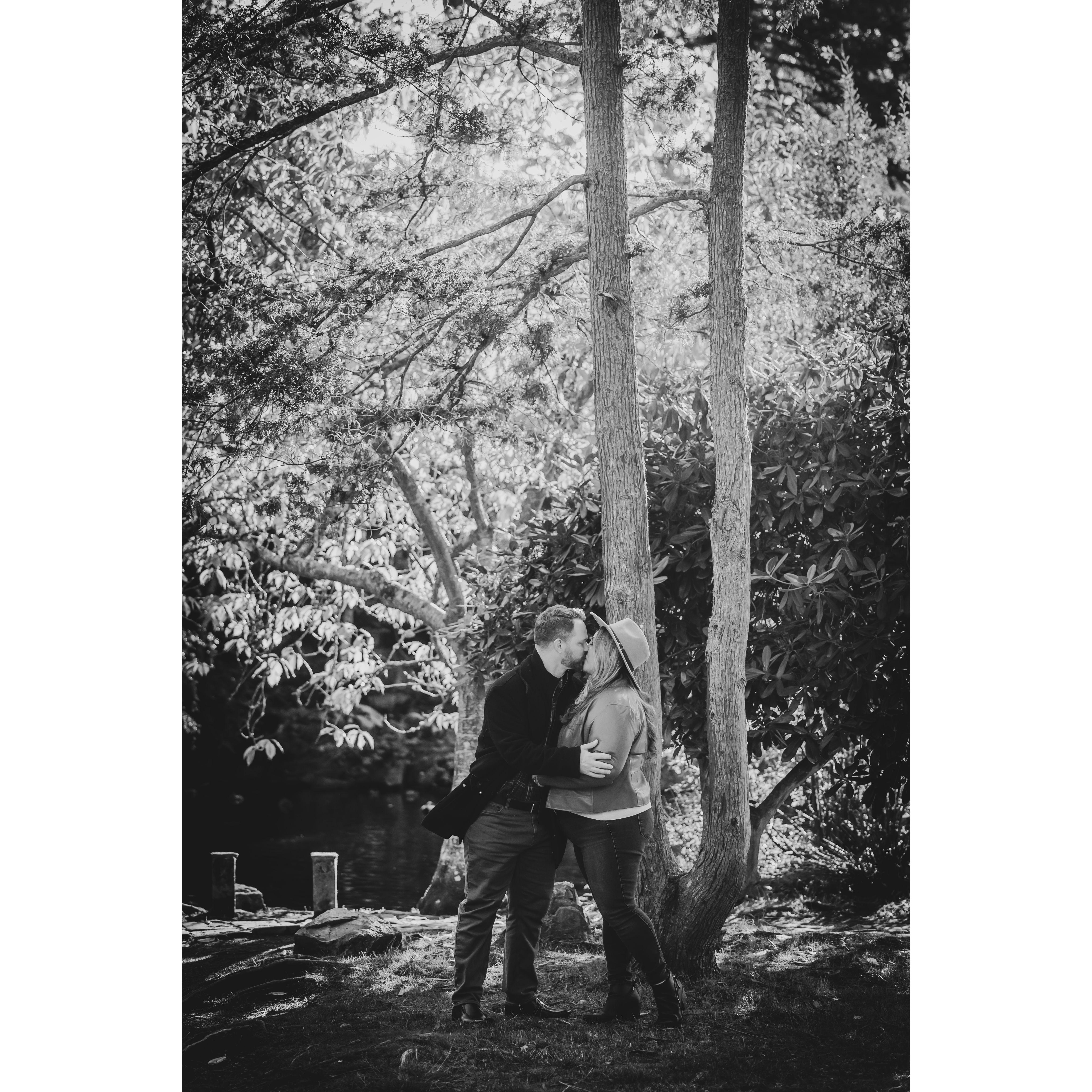 Engagement photo, goofing around in the woods.