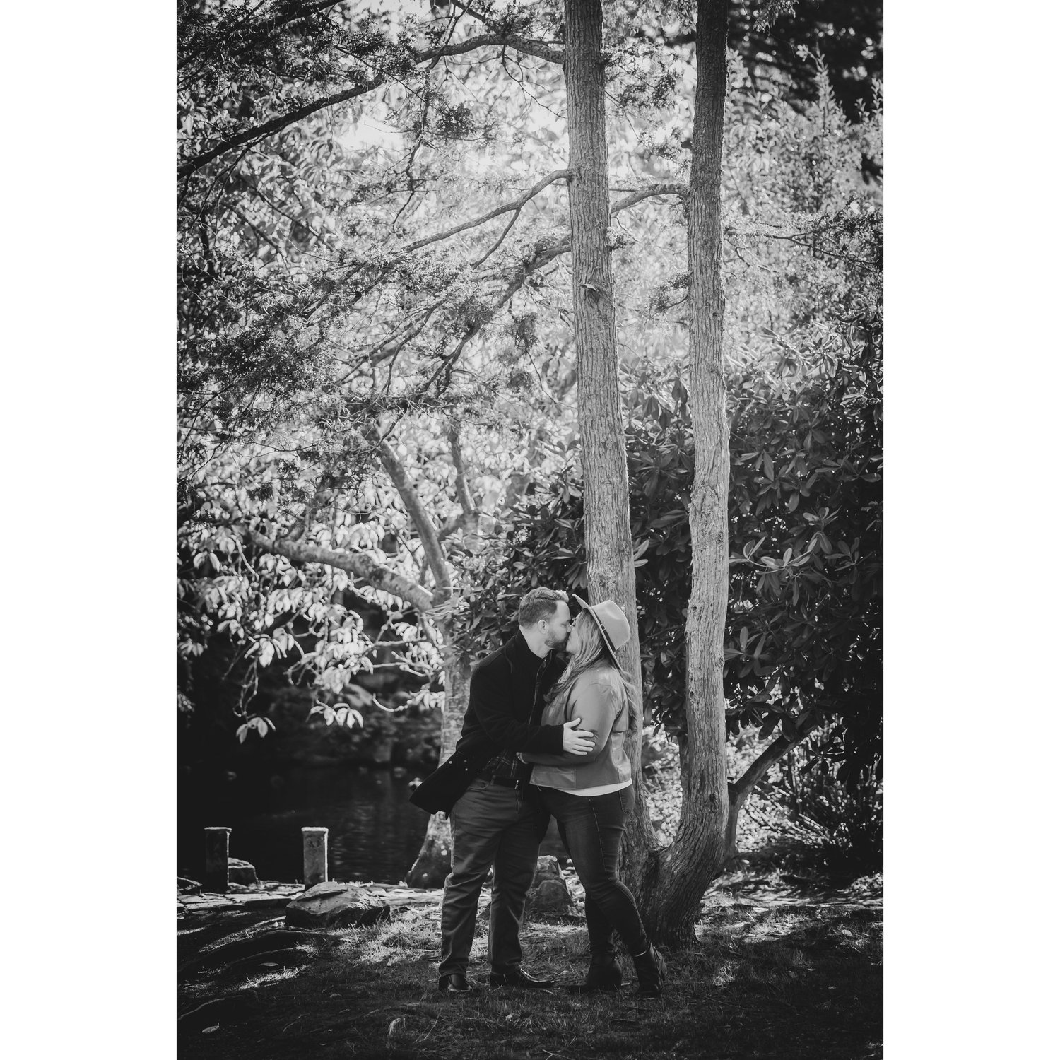 Engagement photo, goofing around in the woods.