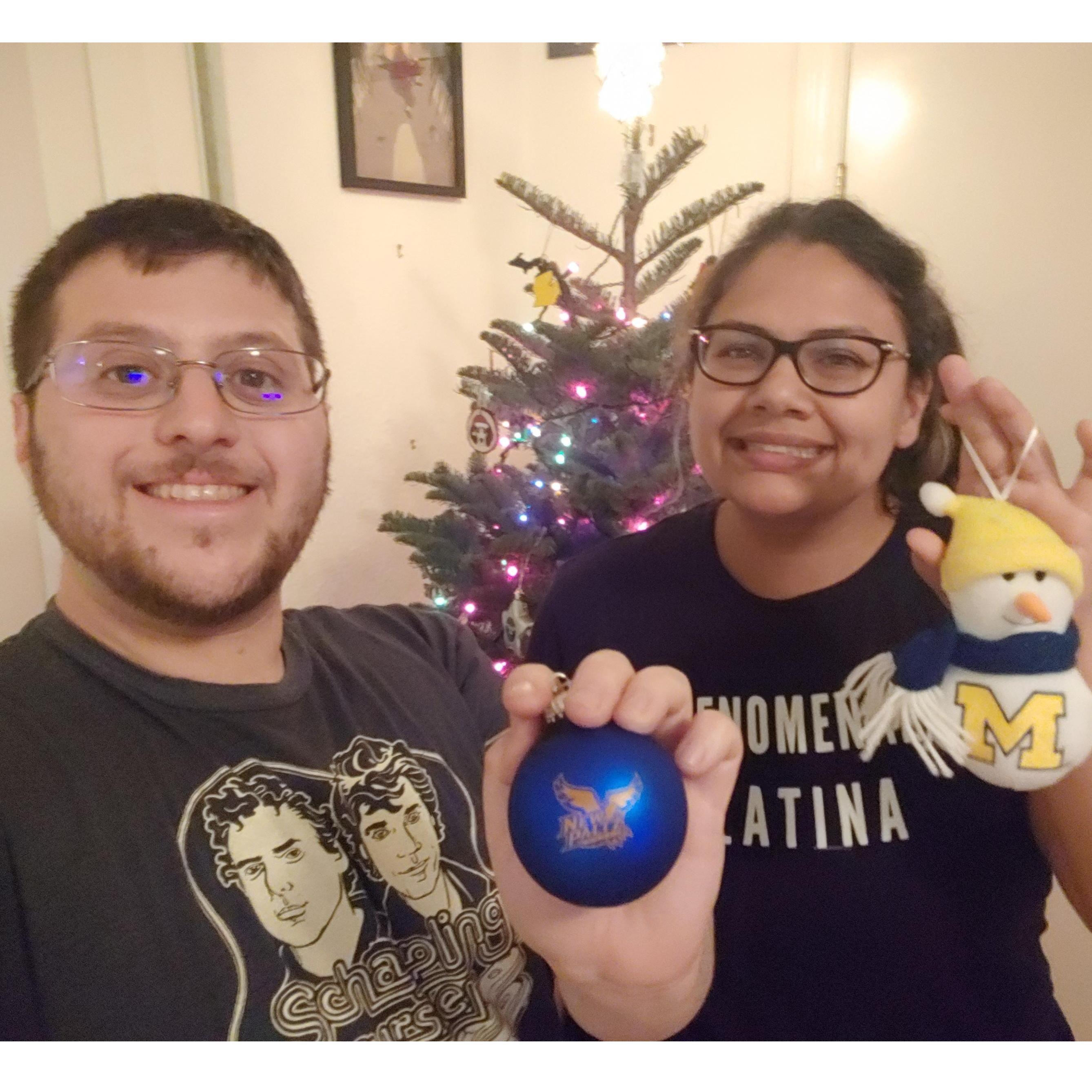 Showing off the Alma Mater centric Christmas ornaments we each now have!