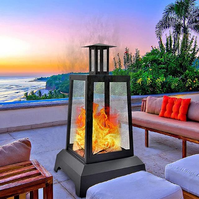 NSdirect Large Fire Pit Steel Wood Burning Outdoor Fireplace Tower 44" High Big Patio Firepits with Mesh Screen Cover, for Backyard, Garden, Beach, Camping, Heating, Bonfire and Picnic