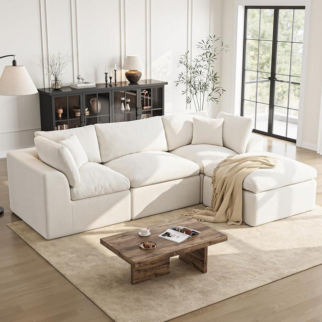 Cloud Sectional Couches for Living Room | 108 Inch L-Shaped Boneless Couch with Ottoman | Modular Sectionals Sofa Couch Ivory White