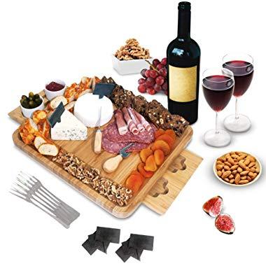 Bamboo Cheese Board and Knife Set - Wooden Charcuterie Platter & Serving Tray for Meat & Cheese with 2 Slide-Out Drawers, 6 Appetizer Forks, 6 Slate Labels, 4 Stainless Steel Knives & Bowls - (20 Pc)