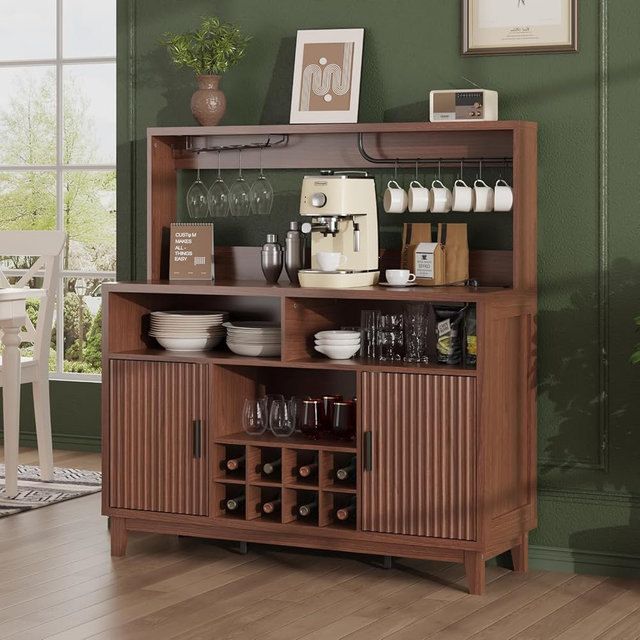 FiveWillowise Fluted Buffet Cabinet with Storage, Modern Coffee Bar Cabinet with Outlet, Removable Wine Rack, Multi-Functional Accent Liquor Cabinet for Living Room, Entryway, Kitchen, Walnut