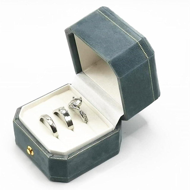 WHSLILR Velvet Wedding Ring Box - Octagon 3 Slots Engagement Ring Boxes with Hinged Lid for Proposal Engagement Wedding, Proposal Ring Box with Gold Lace-PRB003-Lake Blue