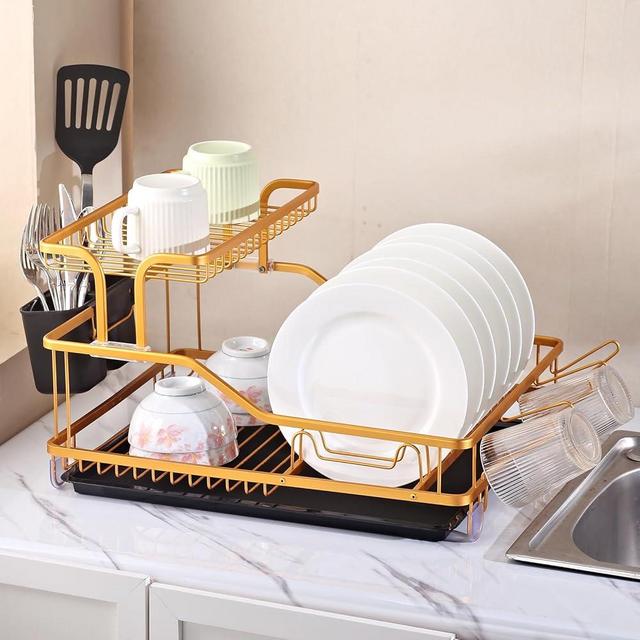 JMSUPNB Dish Drying Rack for Kitchen Counter, Aluminum Alloy Rustproof Kitchen Dish Drying Rack with Drainboard, Multifunctional Dish Rack, Space-Saving 2-Tier Dish Drying Rack, Gold