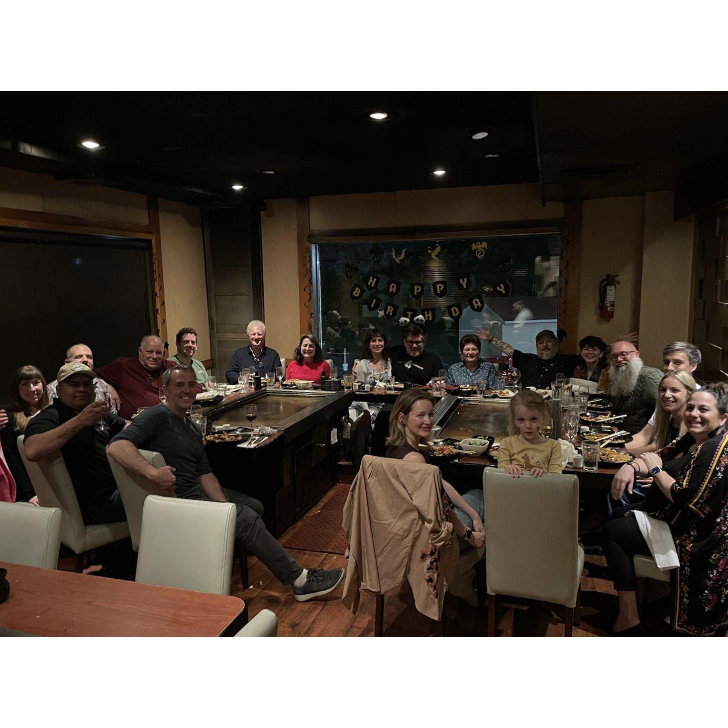 Reservation for 19, please! Dave's surprise Bday party  -
Bobby, Christian, Dana, Joe, John, Justin, Steve, Loretta, Madeline, Dave, Mea, Chris, Dacia, Chris, Alex, Katie, Rachel, Margot, Lindsey