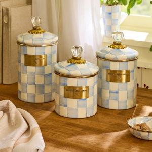 MACKENZIE-CHILDS Enamel Canister, Kitchen Storage Container with Lid, Small, 38-Ounce Capacity, Light-Blue-and-White Sky Check