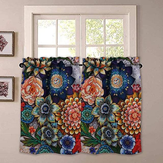 YoKii Boho Floral Kitchen Curtains 36 Inch, Blackout Curtains for Small Windows Colorful Modern Farmhouse Flower Patterned Rod Pocket Short Curtains for Kitchen Bathroom(Tiers - 24 x 36, Colorful)