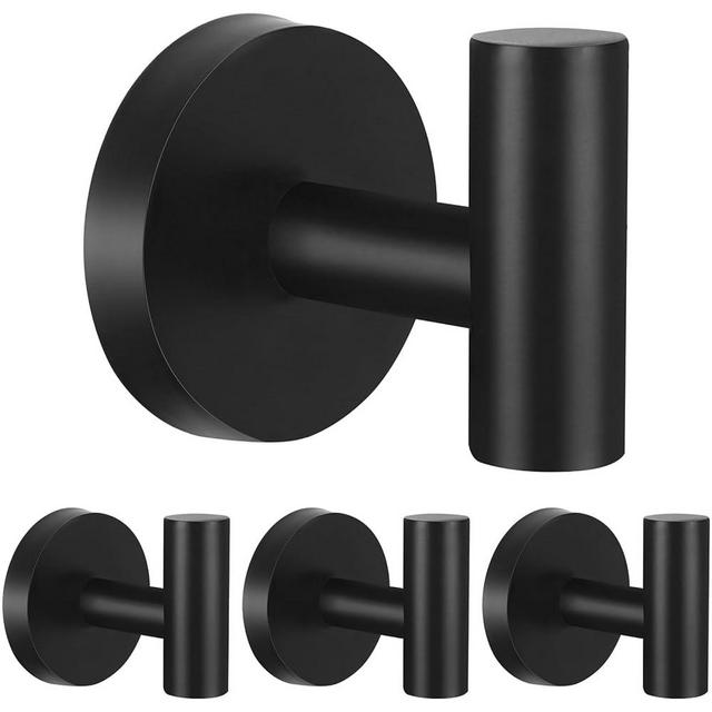 IBosins 4 Pack Towel Hooks Hand Towel Holder for Bathroom Wall Livingroom Bedroom Kitchen Closet Heavy Duty Stainless Steel Hook Hanger for Robe, Bath Towel, Coat (Round Matte Black)