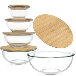 Stackable Space-Saving Set of 5 Nesting Glass Bowls with Bamboo Lids