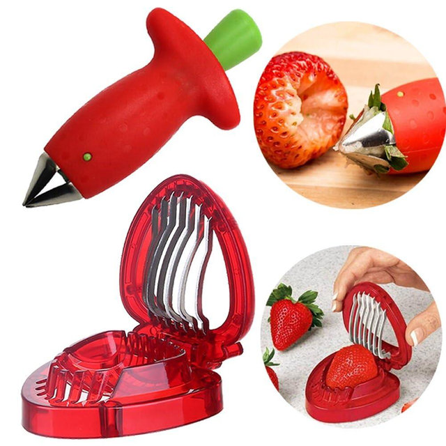 Slowtee 3pcs Strawberry Slicer/Cutter/Corer, Strawberry Huller Fruit Leaf Stem Remover Salad Cake Tools for Kitchen Gadget Accessories, 2 Leaf Stem Removers, 1 Cutter