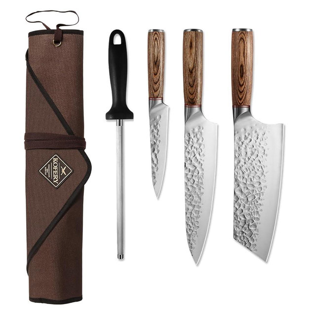 KOFERY 5 Piece Chef Knife Set, High Carbon Stainless Steel Kitchen Knives, Hand Forged Hammered Blades for Meat Cutting and Culinary School, Travel Pouch, Roll Bag, Honing Steel, Block Not Included