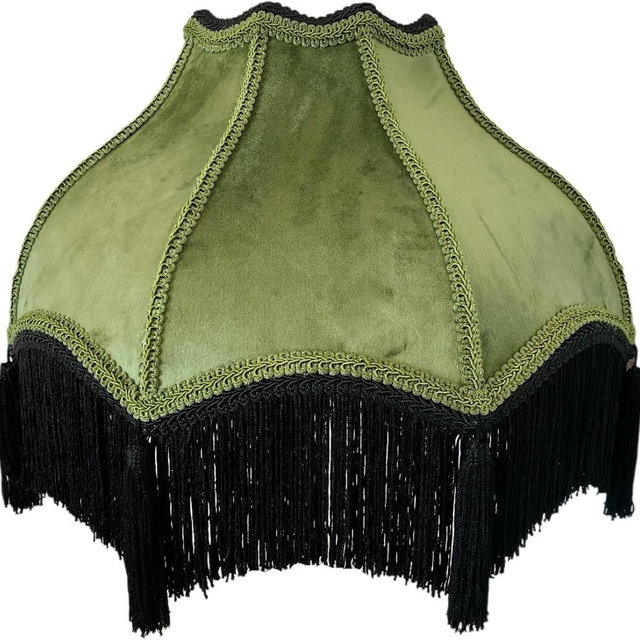 Tristan Home Premium Classic Victorian Style Bell Shape Scallop Velvet Lamp Shade with Tassels and Fringe, 14.5inch Width, 11inch Height (INCLUDING Fringe), (Olive Green), Medium