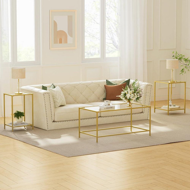 3-Piece Living Room Table Set, Glass Coffee Table with 2 Side Tables, Modern Rectangular Center Table & Square End Tables with Storage Shelves, Golden Metal Frame, Easy Assembly