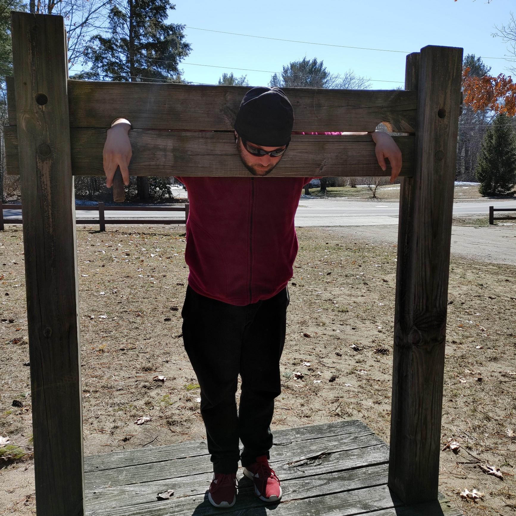 March 13, 2021 - Joe found himself in the stocks at Merrimack, NH.