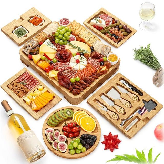 Charcuterie Boards Deluxe Gift Set - 23 Pieces, Bamboo - Large Cheese Board Plus Fruit Tray for Birthday Party Present w/ Utensil Drawer, Knives, Forks, Condiment Dishes, Chalks & Wine Opener