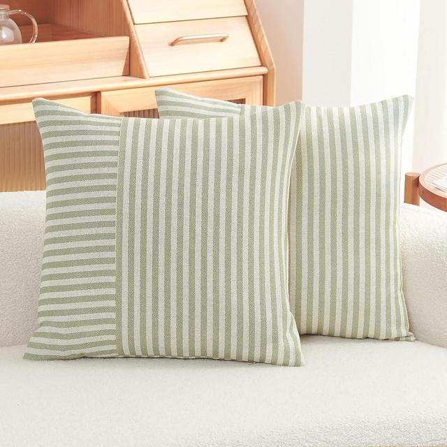 jinchan Striped Throw Pillow Covers Farmhouse Boho Geometric Linen Ticking Stripe Pattern Cushion Covers Pinstripe Durable Pillowcases for Sofa Couch Bed Living Room 18x18 Inch Green Pack of 2