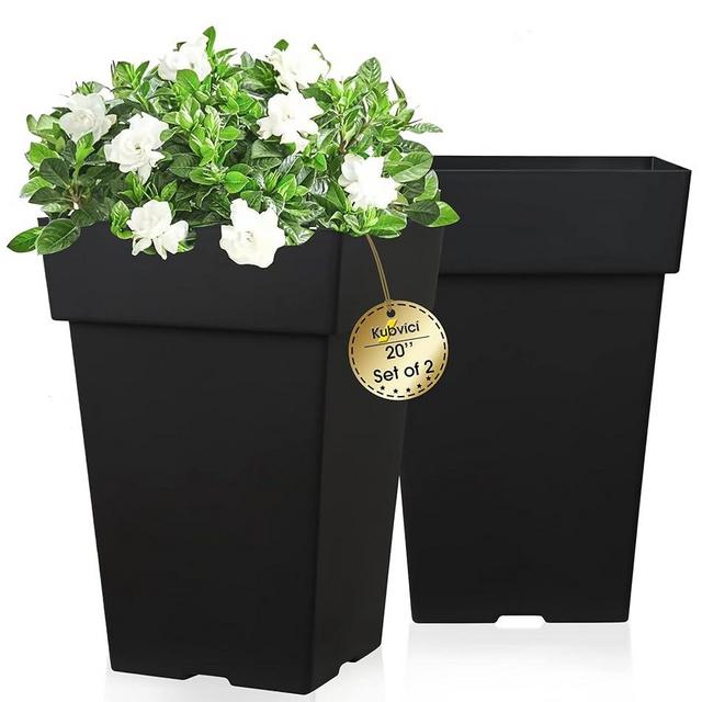 kubvici 20 Inch Tall Planters for Outdoor Indoor Plants, Set of 2 Large Plastic Plant Pots Flower Pot Outdoor Planter for Front Porch Door Balcony Deck with Drainage, Black 20"