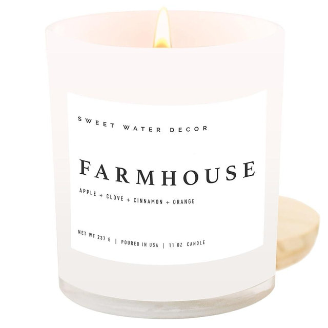 Sweet Water Decor Farmhouse Candle | Autumn, Cinnamon, and Nutmeg, Fall Scented Soy Candles for Home | 11oz White Glass + Wood Lid, 50+ Hour Burn Time, Made in The USA