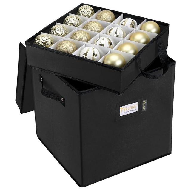 BALEINE Christmas Ornament Storage Box with Dividers, Premium Holiday Ornaments Storage Container Bin for Xmas Decorations (64 Ball, Black, With Trays)