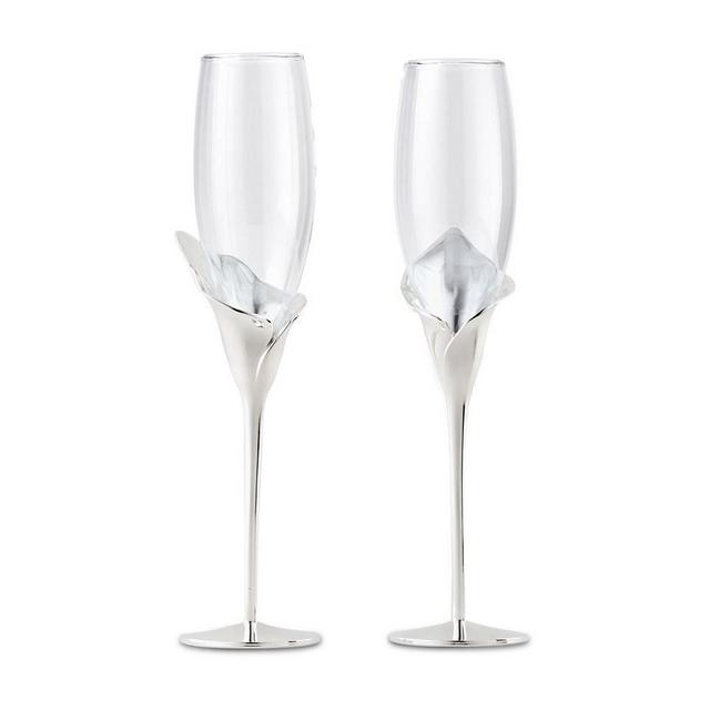Silver Calla Lily Stemmed Wedding Champagne Flutes