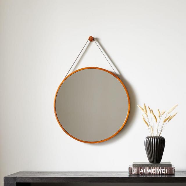 Modern Hanging Mirror, Round, Walnut and Black, 24in Diameter