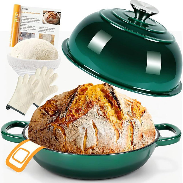 AHJ 6QT Dutch Oven For Bread Baking, Enameled Cast Iron Dutch Oven Pot with Lid, Multi-Functional Bread pan, Sourdough Baking Supplies with Proofing Basket, Cast Iron Bread Oven, Silicone Sling & Gloves.