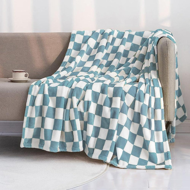 LOMAO Throw Blankets Flannel Blanket with Checkerboard Grid Pattern Soft Throw Blanket for Couch, Bed, Sofa Luxurious Warm and Cozy for All Seasons (Light Blue, 51"x63")