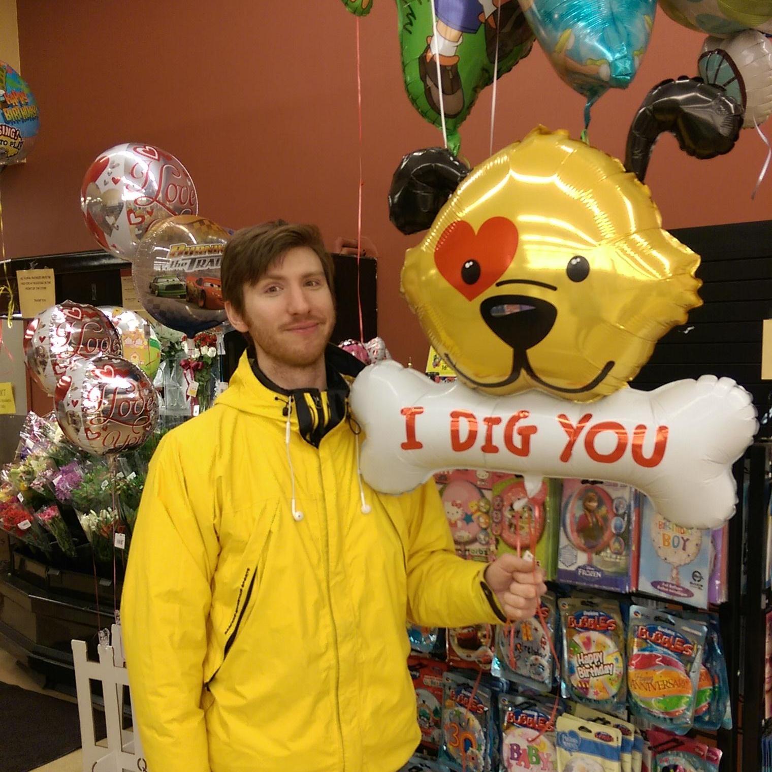 Brad wanted to make a statement when we bumped into each other at the supermarket with post-valentine's day balloons.