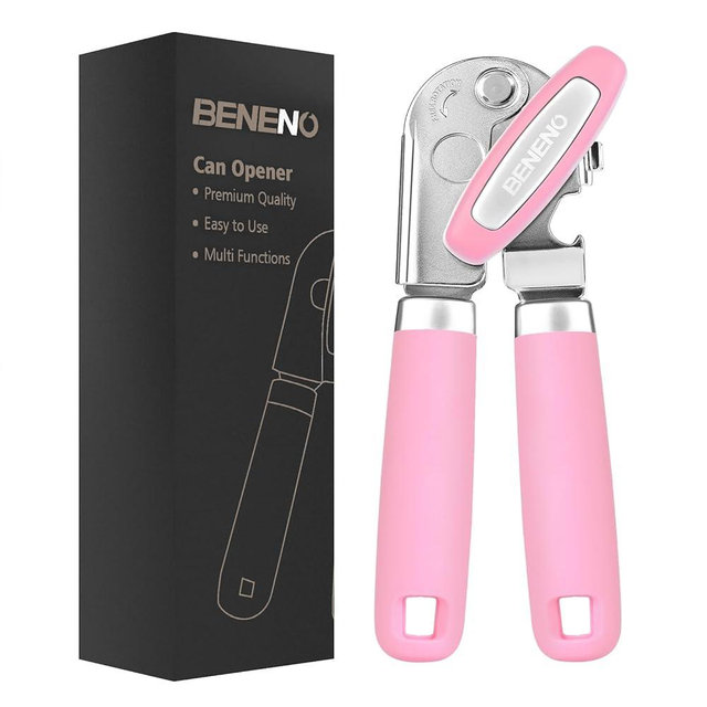 Can Opener Manual, Can Opener with Magnet, Hand Can Opener with Sharp Blade Smooth Edge, Handheld Can Openers with Big Effort-Saving Knob, Can Opener with Multifunctional Bottles Opener, Pink