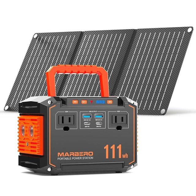 MARBERO 150W Peak Solar Generator with 30W Solar Panel 111Wh Camping Portable Power Station 110V Power Bank with AC Outlet(2*USB A, 2*USB C, 2*AC) for Outdoor Travel Home Blackout Emergency Hurricane