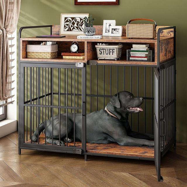Saudism Large Dog Crate Furniture, Dog Kennel Indoor, Wood Dog Cage Table with Drawers Storage, Heavy Duty Dog Crate, Jaula para Perros, Sturdy Metal, 40.5" L×23.6" W×35.4" H