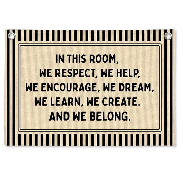 STHTTSW Classroom Decor, Retro Classroom Wall Hanging Canvas Banner Prints, in This Room We Respect Help Striped Wall Art Decor for Kids Nursery Toddler Room Bedroom Playroom, 30x20 Inch