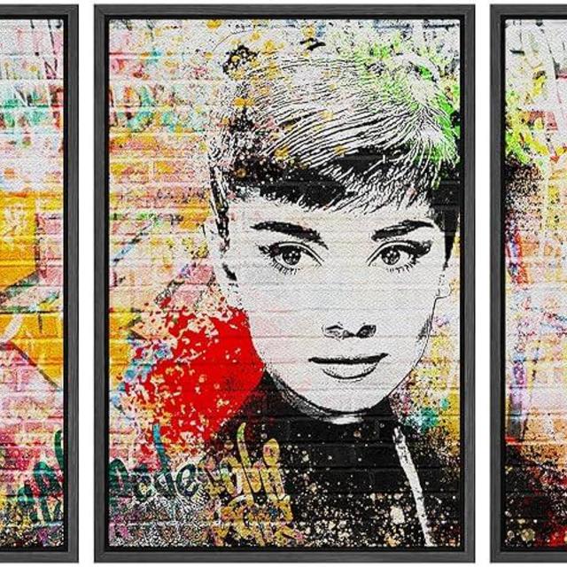 wall26 Framed Canvas Print Wall Art Set Spray Paint Style Audrey Hepburn Graffiti & Street Art Comic Book Illustrations Modern Art Urban Portrait for Living Room, Bedroom, Office - 16"x24"x3 BLACK