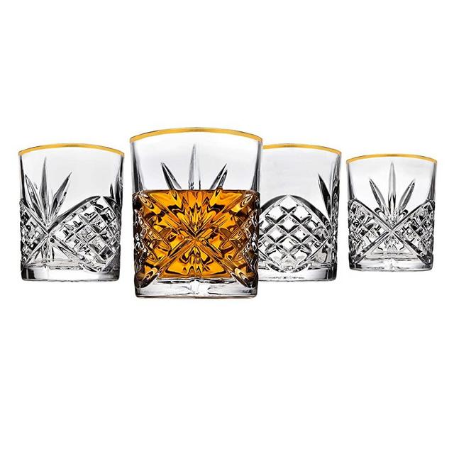 Godinger Dublin Set of 4 Gold Banded Double Old Fashions Glasses