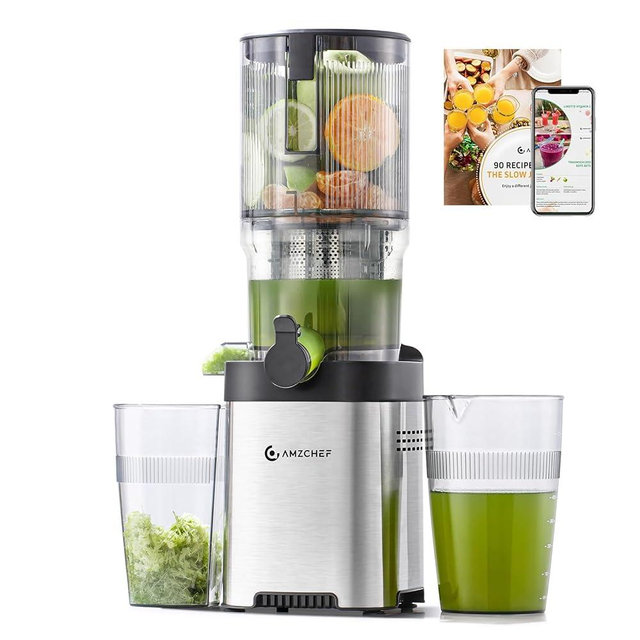 Cold press Juicer Machines with 5.4" Extra Self-Feeding for Whole Vegetable & Fruit, Juice Extractor with Large Auger & Triple Strainers, Easy to Clean, High Juice Yield, Stainless Steel Silver