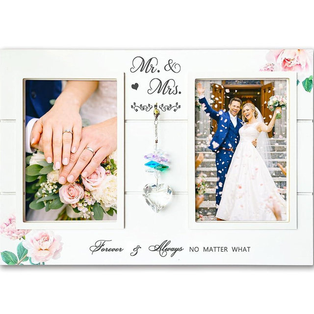 A'arkaJ Mr. & Mrs. Wedding Picture Frame, Wedding Gift for Couple, Double 4x6 Photo Frame with K9 Crystal Heart Charm, Newlywed Gift for Bridal Shower, Engagement or Anniversary