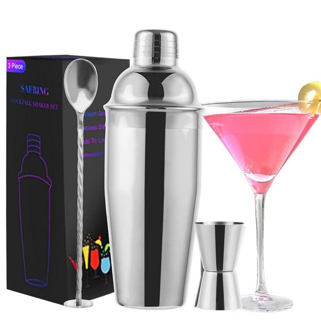 Safring 24oz Cocktail Shaker Bar Set, Martini Shaker with Built-in Strainer, Measuring Jigger, Mixing Spoon, Professional Stainless Steel Large Bartender Drink Shaker Margarita Alcohol Mixer-Silver