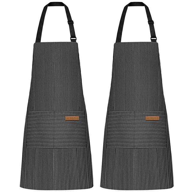 NLUS 2 Pack Kitchen Cooking Aprons, Adjustable Bib Soft Chef Apron with 2 Pockets for Men Women (Black Pinstripes)
