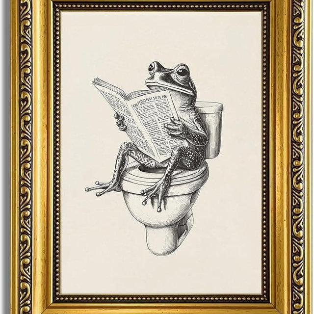 YD&YZY Gold Framed Funny Bathroom Frog Wall Art Canvas Frog on Toilet Reading Newspaper Wall Decor Unique Cute Animal Painting Picture Print for Bedroom Bathroom 8x10 inch Small Framed
