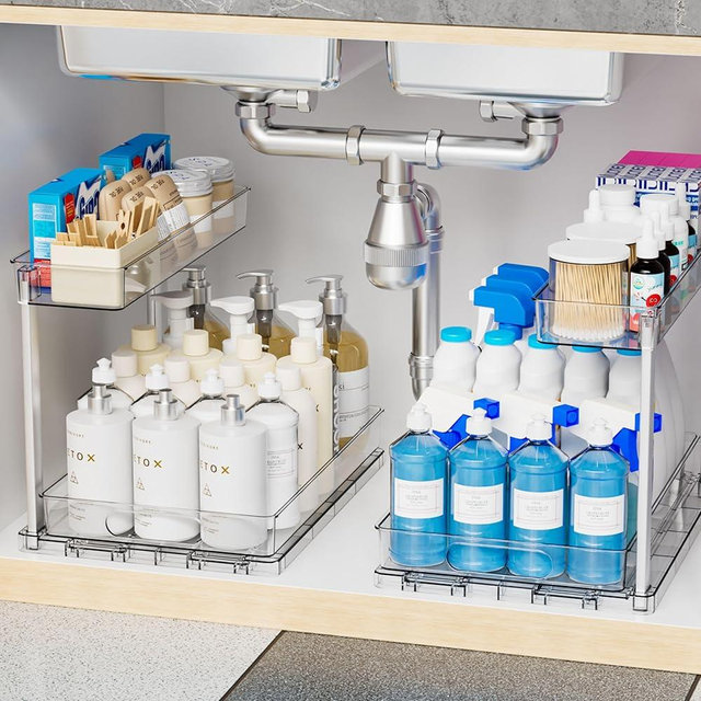 Yieach 2 Pack 14.5″ Deep Pull Out Under Sink Organizer,10.8″ High 2 Tier Slide Out Cabinet Organizer for Kitchen Cabinet,Undersink Organizers,Under Sink Shelves,Bathroom Organizers and Storage,Clear